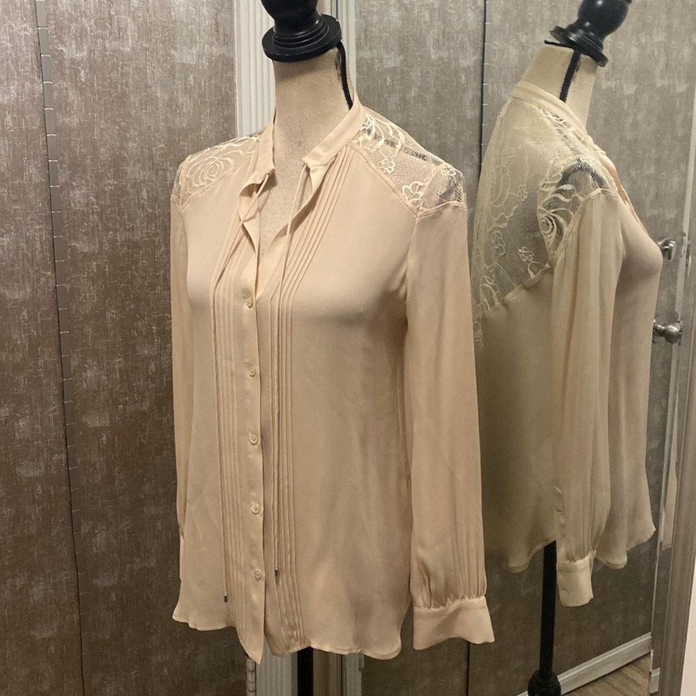 Haute Hippie Tan Long Sleeve lace detailed silk Blouse, XS